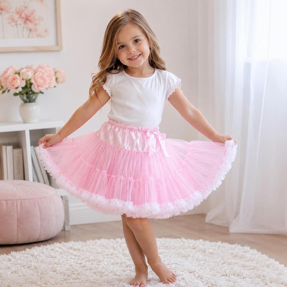 Pink Tiered Tulle Tutu Skirt Kids Ruffle Trim Satin Waistband Costume Dance